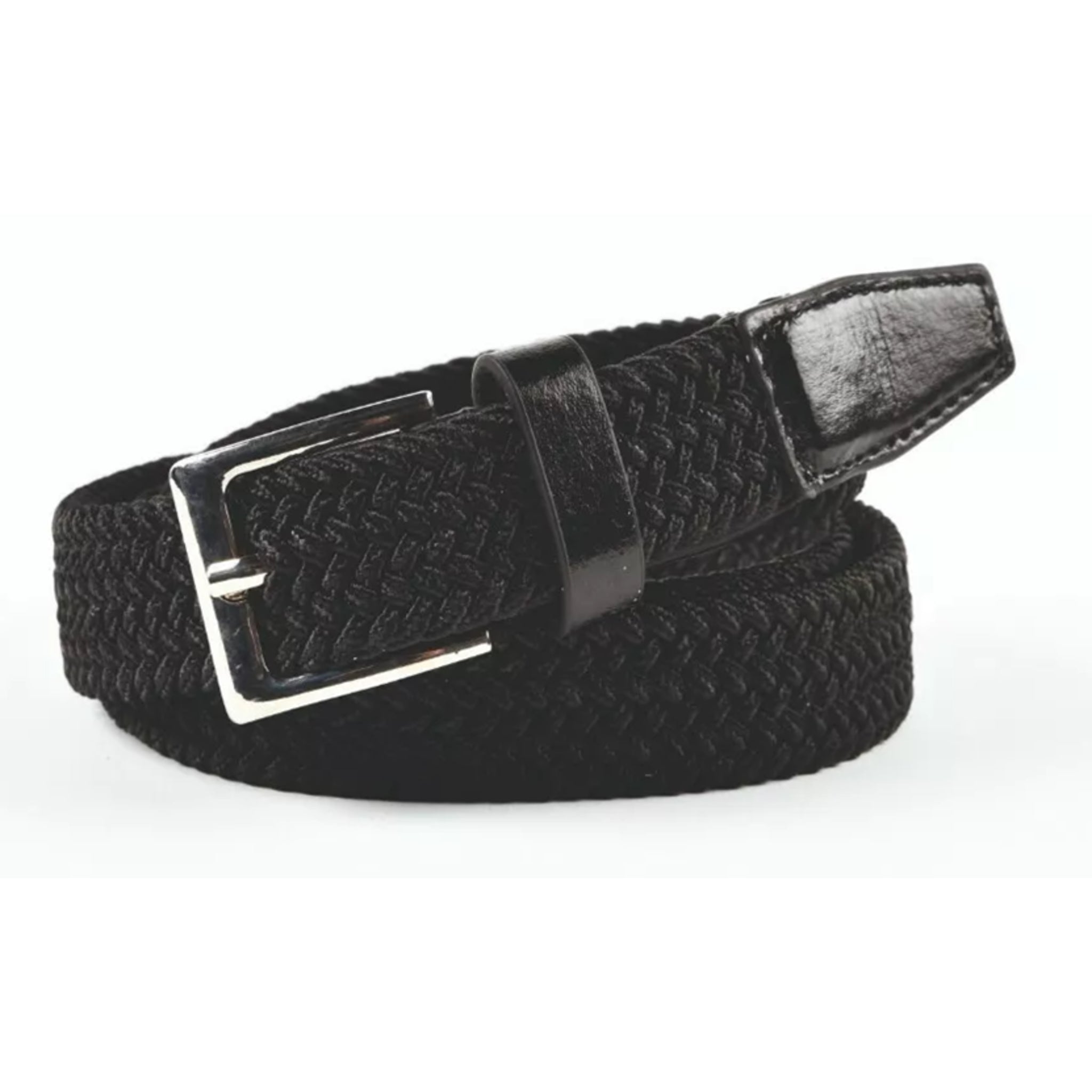 Nicky Adams 1 inch black stretchy belt with silver buckle and leather trim